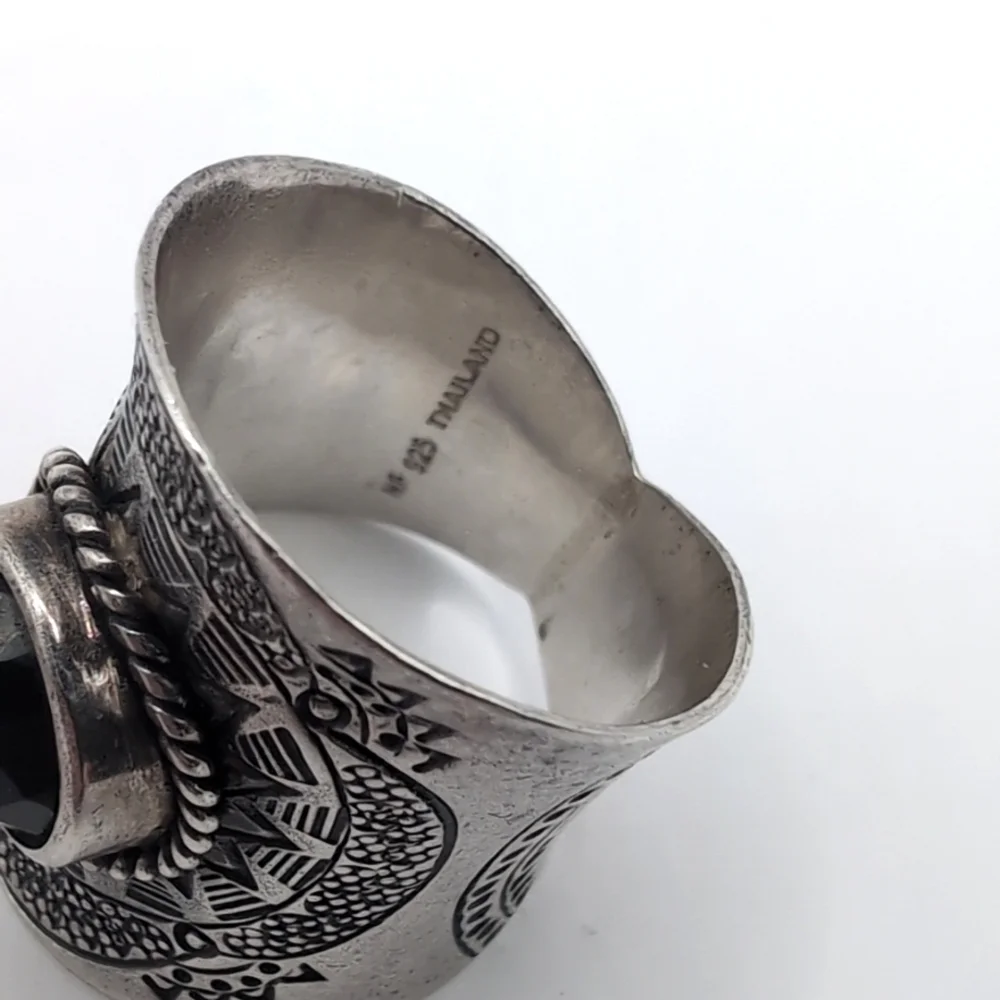 Vintage NF 925 Sterling Silver Faceted Black Stone Hematite Thai Thailand Ring